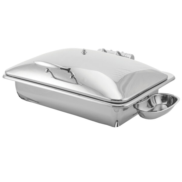 A Walco stainless steel rectangle chafer with metal lid.