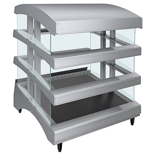 A Hatco Glossy Gray Glo-Ray heated glass display case with three slanted glass shelves.