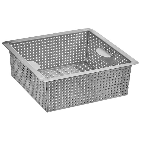 A stainless steel flanged floor drain strainer with perforations.