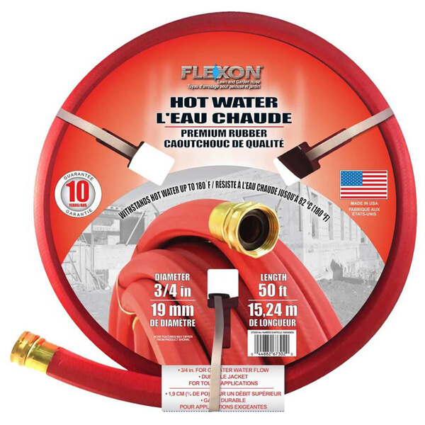 A close up of a Flexon red hot water hose.