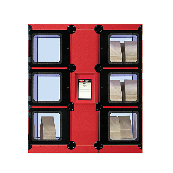 A red Hatco Flav-R 2-Go heated pickup locker with black squares.