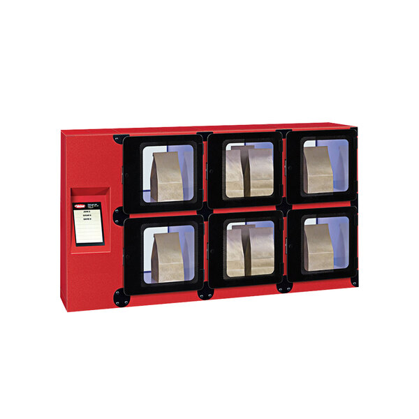 A red Hatco Flav-R 2-Go vending machine with six rectangular boxes.