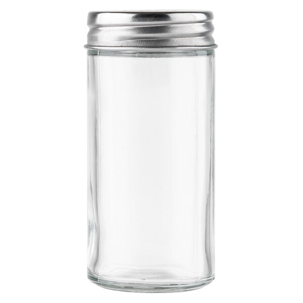 A clear glass container with a stainless steel lid.
