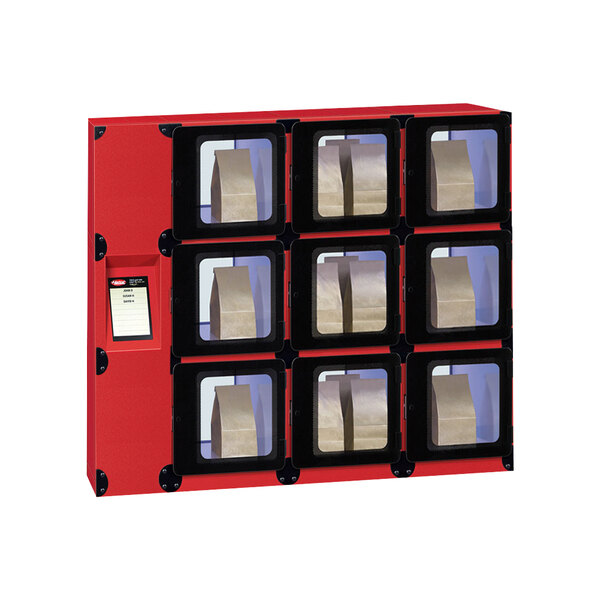 A red and black Hatco Flav-R 2-Go heated pickup and delivery locker system with 9 compartments.