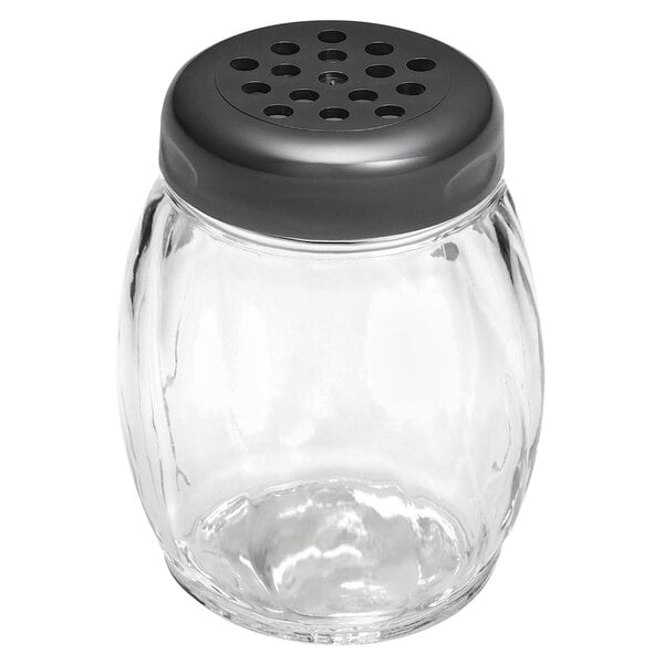 A Tablecraft clear plastic shaker with a black lid.