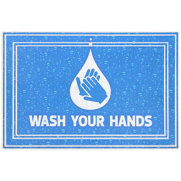 A white and blue hand washing symbol on a white background.