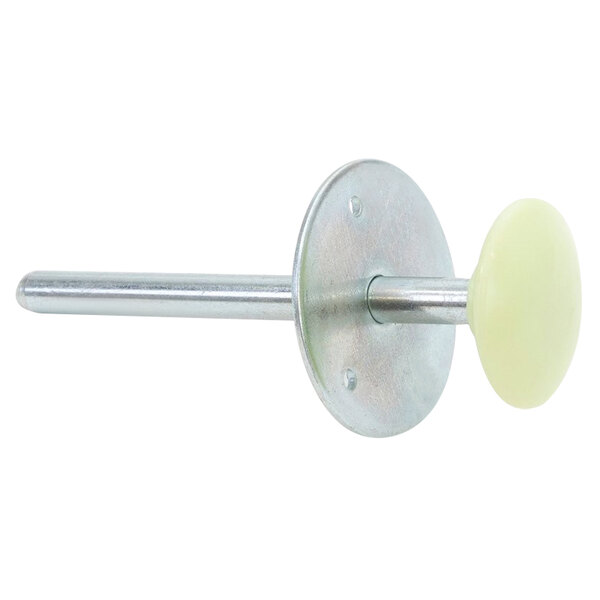 A metal screw with a round metal object and a white plastic knob.