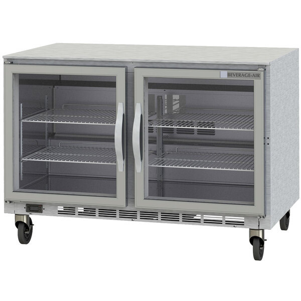 A Beverage-Air undercounter freezer with glass doors.