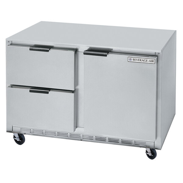 A silver Beverage-Air undercounter refrigerator with two drawers.