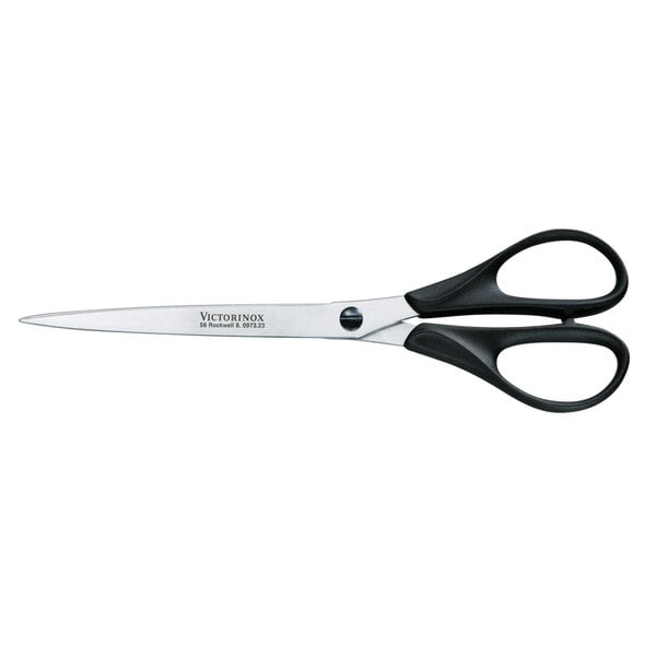 A pair of Victorinox kitchen shears with black rubber handles.