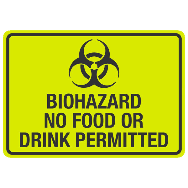 A yellow sign with black text and a biohazard symbol over black letters.