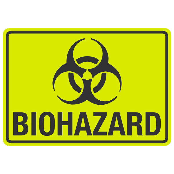 A yellow sign with a black biohazard symbol.