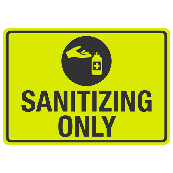 A yellow and black sign with black text and a hand sanitizer symbol.
