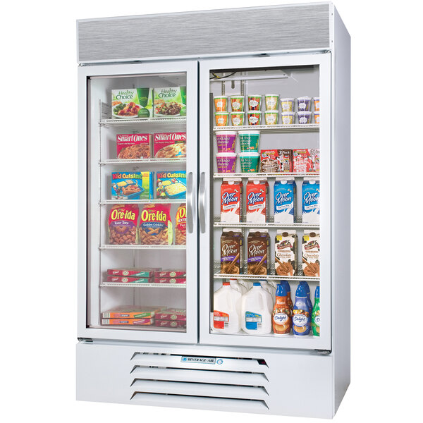 A white Beverage-Air MarketMax refrigerator with glass doors.