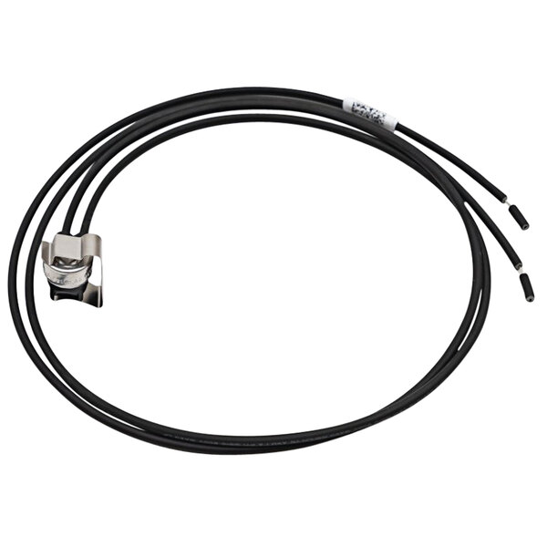 A black Heatcraft Freeze Thermostat cable with a connector and two wires, one black with a metal object on it.