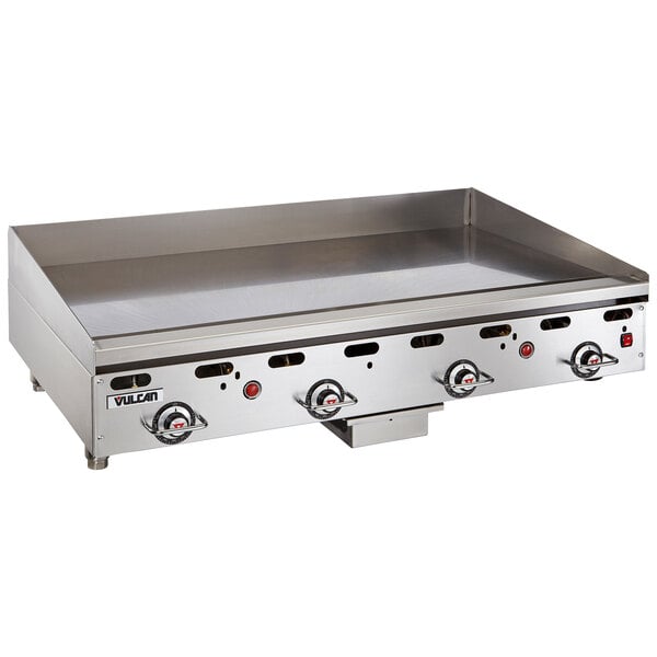 A Vulcan stainless steel commercial griddle with thermostatic controls.