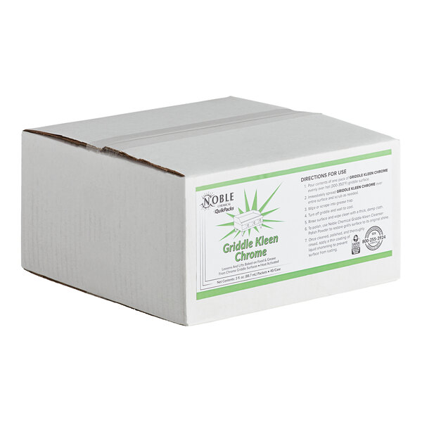 A box of Noble QuikPacks Chrome Griddle Kleen ready-to-use liquid grill and griddle cleaner packets, 40 per case.