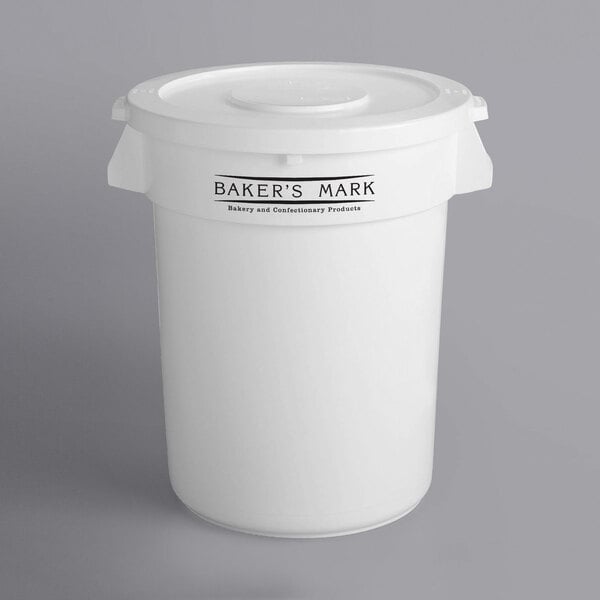 A white Baker's Mark round ingredient storage container with a white lid.