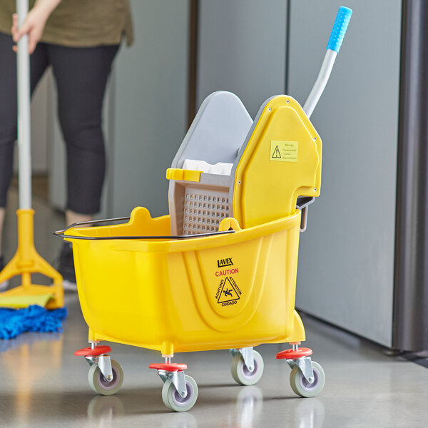 thumbnail image 2 of Heavy Duty Commercial Mop Bucket & Wringer Combo - 20L/30L Rolling Plastic Cart For Industrial Floor Cleaning (Yellow) 2 of 4