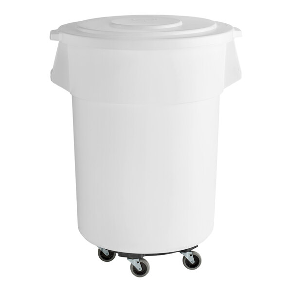 A large white round mobile ingredient storage bin with a snap-on lid and gray dolly.