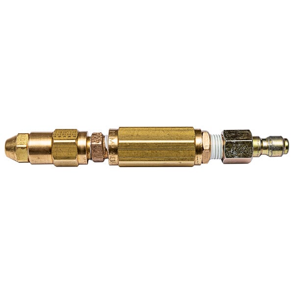 A Simpson brass and metal misting nozzle with yellow accents.