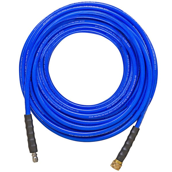 A blue Simpson high pressure carpet cleaning pressure washer hose with black handles.