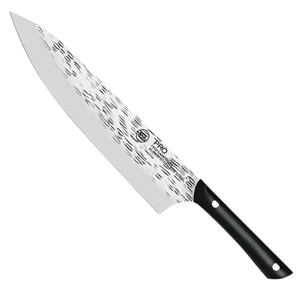 A Kai PRO chef knife with a black handle and white blade.