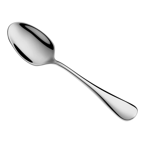 A shiny, stainless steel spoon with a smooth, rounded handle and a reflective surface, shown on a white background.