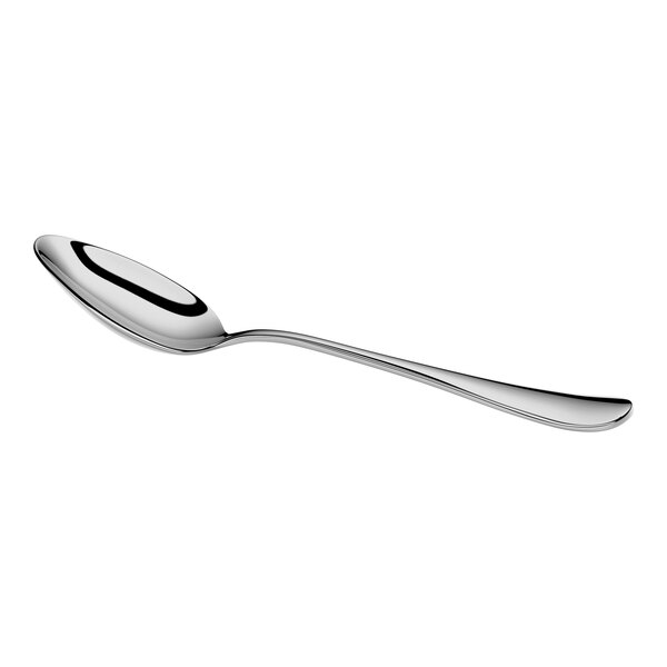 A shiny, stainless steel spoon with a gently curved handle and an oval bowl, shown on a white background.
