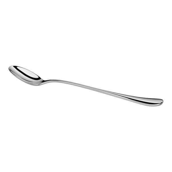 A long, slender, stainless steel spoon with a slightly curved handle and an oval bowl, photographed on a white background.