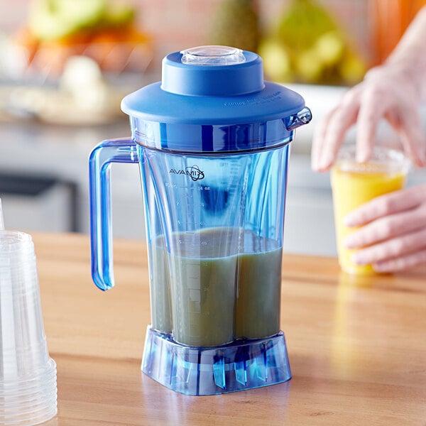 An AvaMix blender with a blue Tritan plastic jar and lid.