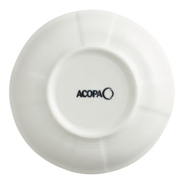 A small, round, white porcelain fruit dish with scalloped edges and the Acopa logo on the bottom.
