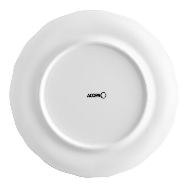 A white porcelain plate with a scalloped wide rim, shown from the bottom with the Acopa brand logo.