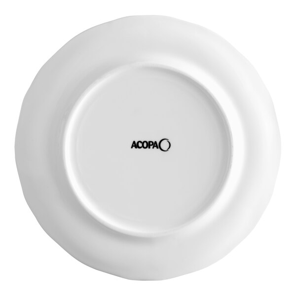 A white porcelain plate with a scalloped wide rim, viewed from the bottom with the Acopa logo visible.