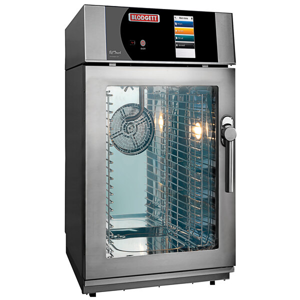 A Blodgett-Combi mini combi oven with a glass door and a rack inside.