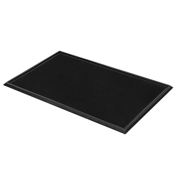 A black rectangular Apache Mills finger tip containment mat with a black border.