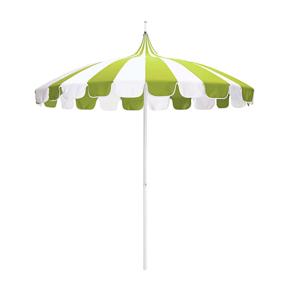 A California Umbrella with green and white striped Sunbrella canopy.