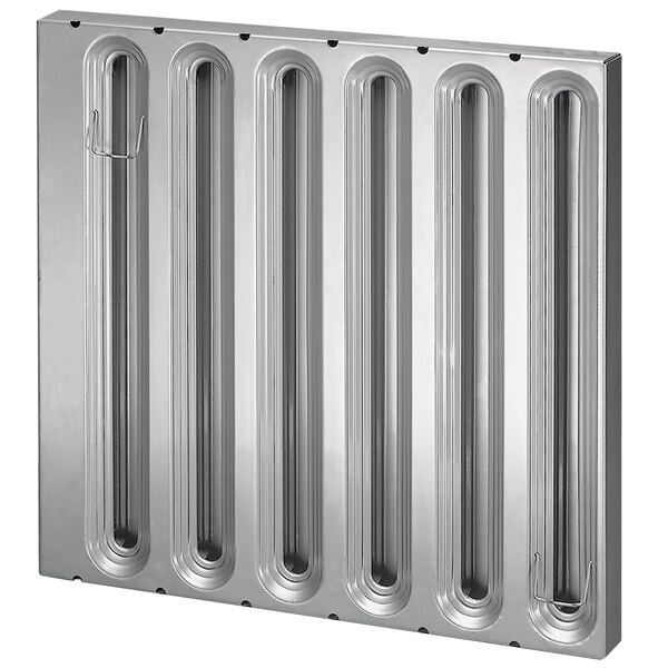 A silver stainless steel Kason Trapper grease filter with vertical tubes.