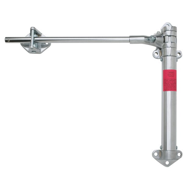A zinc plated metal bar with a red handle.