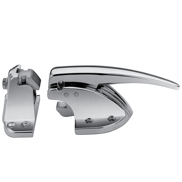 A close-up of a chrome Kason door latch with offset handle and adjustable offset.