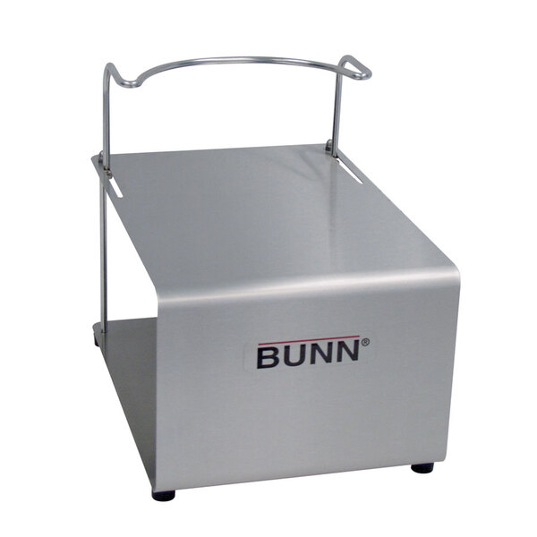 A silver rectangular Bunn tall booster airpot stand with black text and a metal handle.