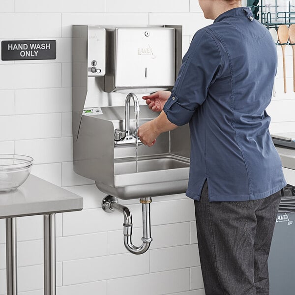 Regency 17" x 15" Wall Mounted Hand Sink with Gooseneck Faucet, Side Splashes, and Top Mounted Paper Towel and Soap Dispenser