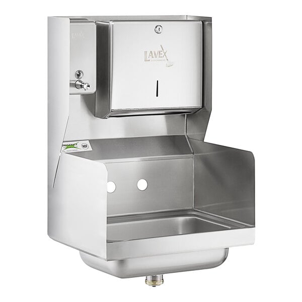 A stainless steel Regency wall mounted hand sink with side splashes, top mounted paper towel, and soap dispenser.