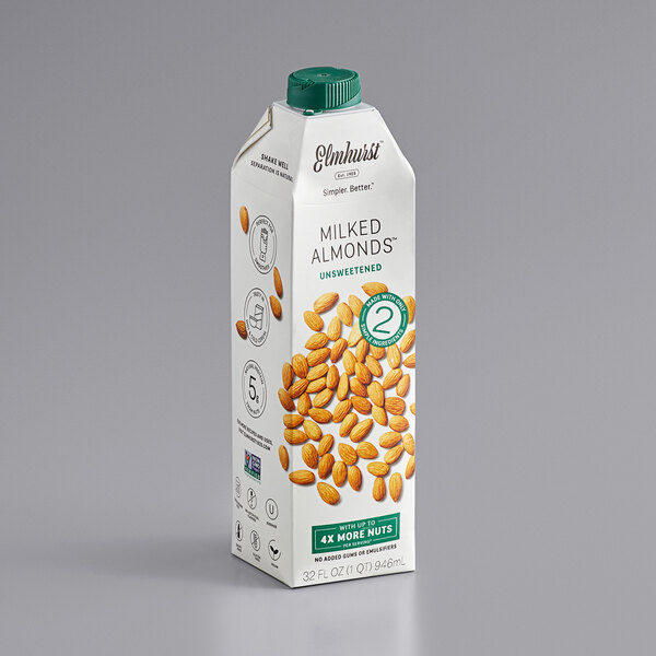 A white carton of Elmhurst Unsweetened Milked Almonds with almonds on the box.