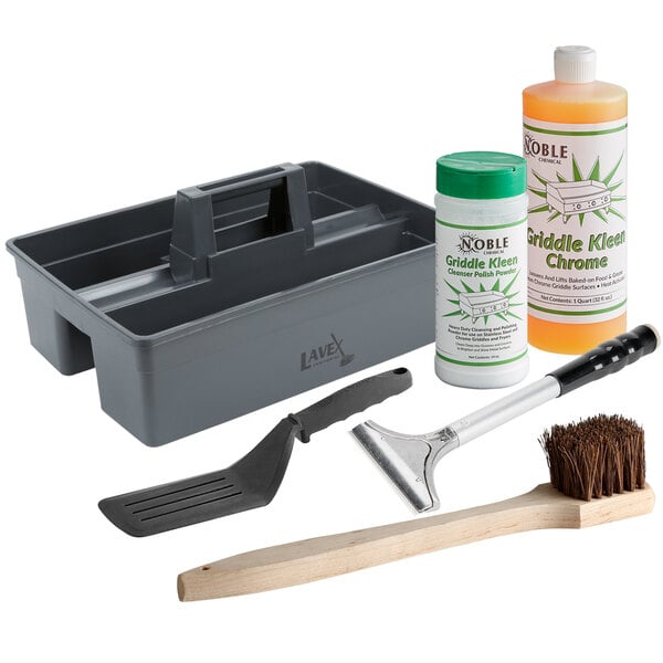 A Chrome Griddle Cleaning Gear Kit in a grey tool box with a green and white container, a brush, and a sponge.