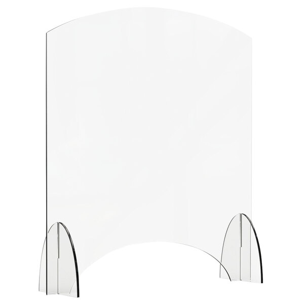 A clear acrylic Rosseto Avant Guarde Sneeze Guard with two curved edges.