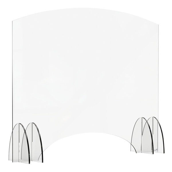 A clear screen with three clear stands for the Rosseto Avant Guarde Acrylic Sneeze Guard.