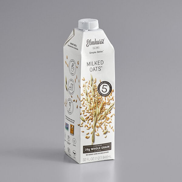 A white and blue carton of Elmhurst Milked Oats.