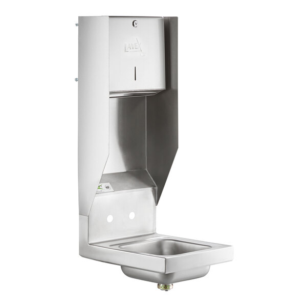 A silver Regency wall mounted hand sink with a top mounted paper towel dispenser.