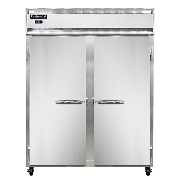 A Continental Refrigerator extra-wide reach-in freezer with two white doors and handles.